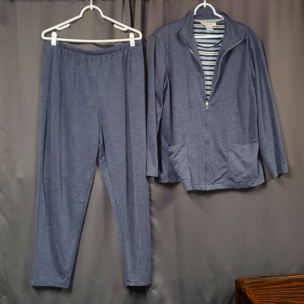 XL BLUE SIMPLY SUSAN BY SUSAN G. 3 PIECE PANT SET ELASTIC PULLON PANTS ZIPPERED